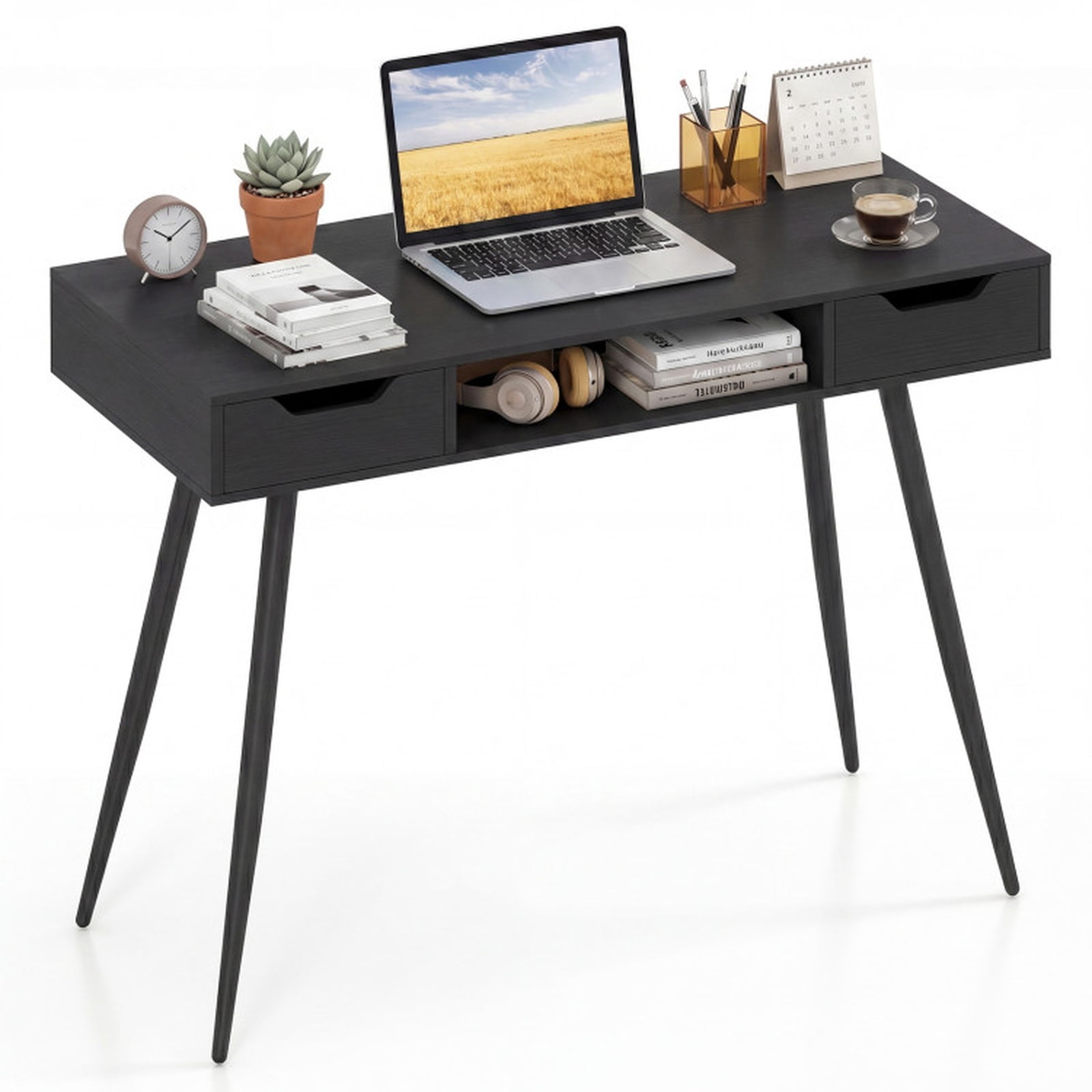 Furnibear 42.5 Inch Mid Century Modern Writing Desk with 2 Drawers Storage and Tapered Metal Legs for Home Office Study, Black