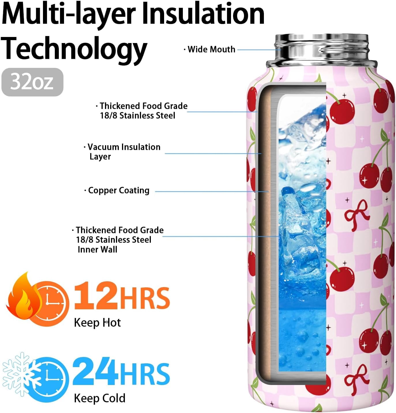 Cherry Water Bottle 32oz Insulated Stainless Steel Thermoses Sports Bottles Cup with Handle and Flip Straw Cherry Gifts Stuff for Girls Women