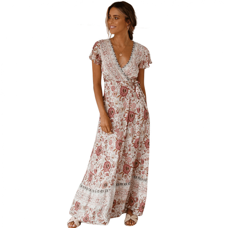 Rush Women Summer Side Split Deep V Neck Casual Holiday Print Dress Sexy  Long Dress Short Sleeves Maxi Dress ------ BeigeSize L S3050 - Walmart.com