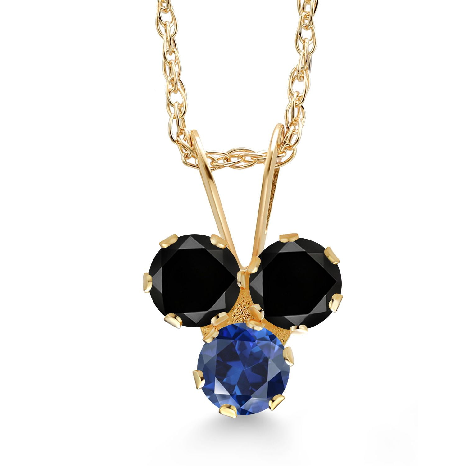 Gem Stone King 14K Yellow Gold Black Diamond and Blue Created Sapphire 3-Stone Pendant Necklace for Women (0.34 Cttw, Gemstone April Birthstone, Round 3MM, 18 inch Chain)