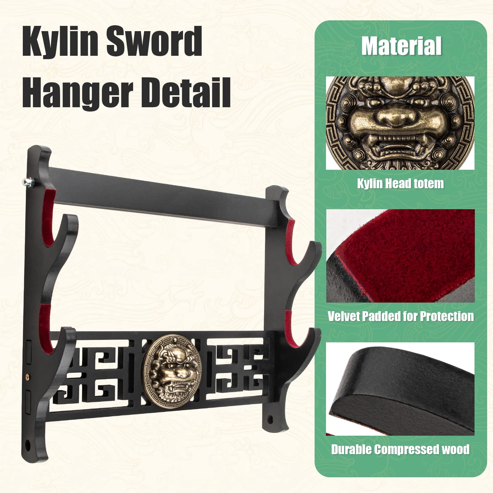 Support Mural à 2 Niveaux Pour Katana/Épée - Design Dragon, Rembourrage Velours, Protection