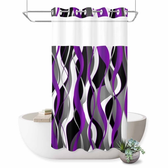No Hook Shower Curtain Purple Grey Lines Shower Curtain for Bathroom Modern Abstract Stripes Bath Curtains Waterproof Fabric with See Through Top Window for Spa Hotel 36x72 Inch