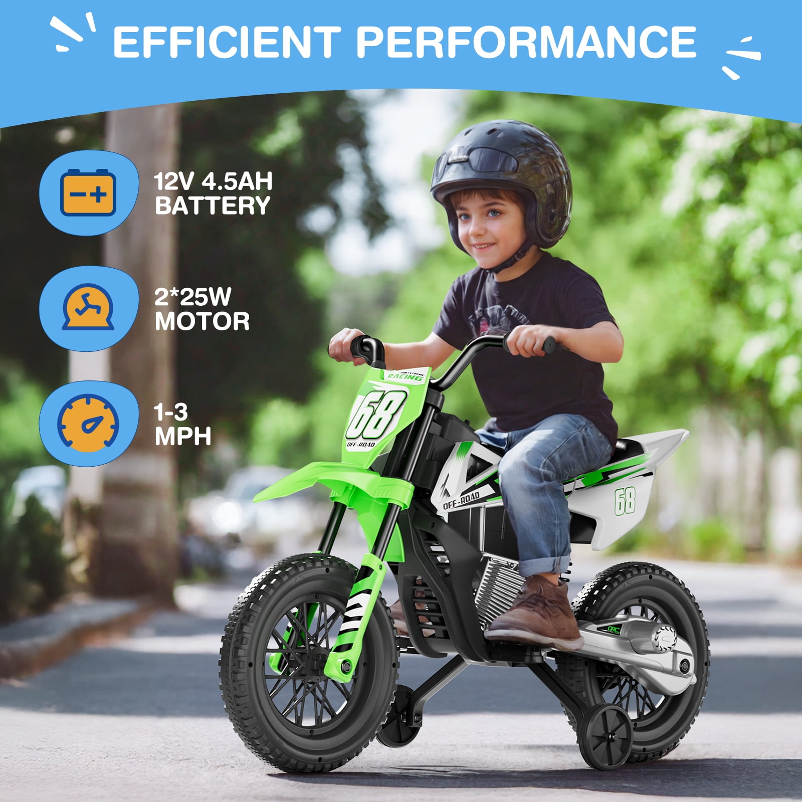 LIGIANT 12V Kids Ride-On Motorcycle, 2×25W Motors, Training Wheels, Throttle Grip, Bluetooth & Music, Spring Suspension