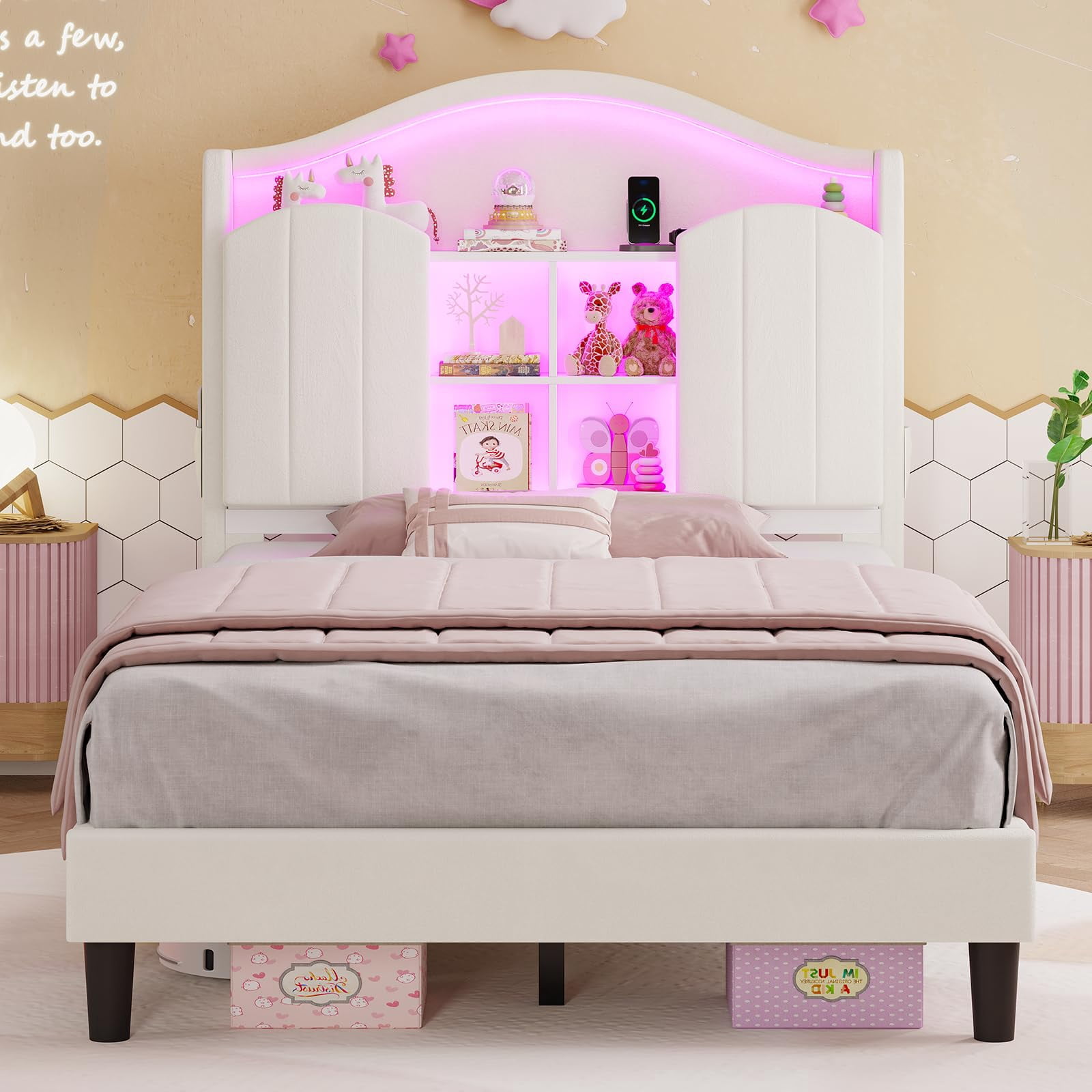 Twin Girl Bed with LED Lights & Charging Station,Platform Twin Size Princess Bed Frame, Upholstered Storage Headboard,No Box Spring Needed,Easy Assembly, Beige