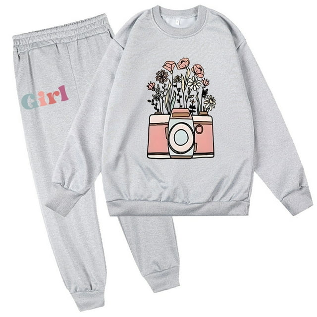 Odeerbi 2-9 Años Niñas Conjuntos de Algodón Sudaderas de Flores Cuello Redondo Sudaderas Pantalones de Dos Piezas Conjunto Floral Top Pantalones Largos
