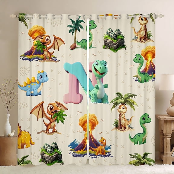 Erosebridal Cartoon Dinosaur Black Out Curtains for Kids Boys Girls, Dino Letter N Curtains Pack of 2 (42x63 Each)