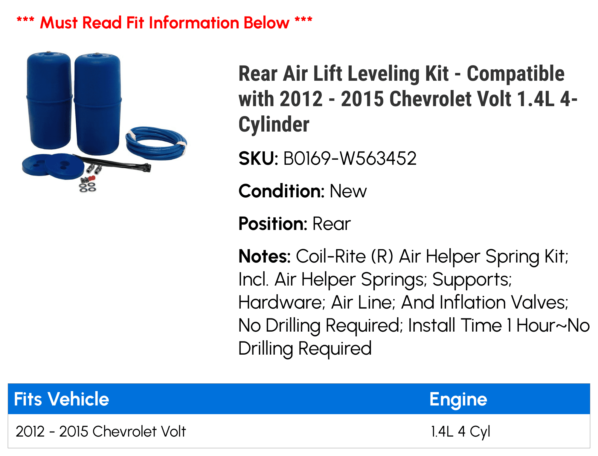 Rear Air Lift Leveling Kit - Compatible with 2012 - 2015 Chevy Volt 1.4L 4-Cylinder 2013 2014