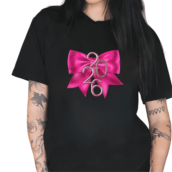 2026 New Year Pink Bow Theme Shiny Graphic Commuting Tee T Shirt Top Short Sleeve Round Neck Black S-5XL