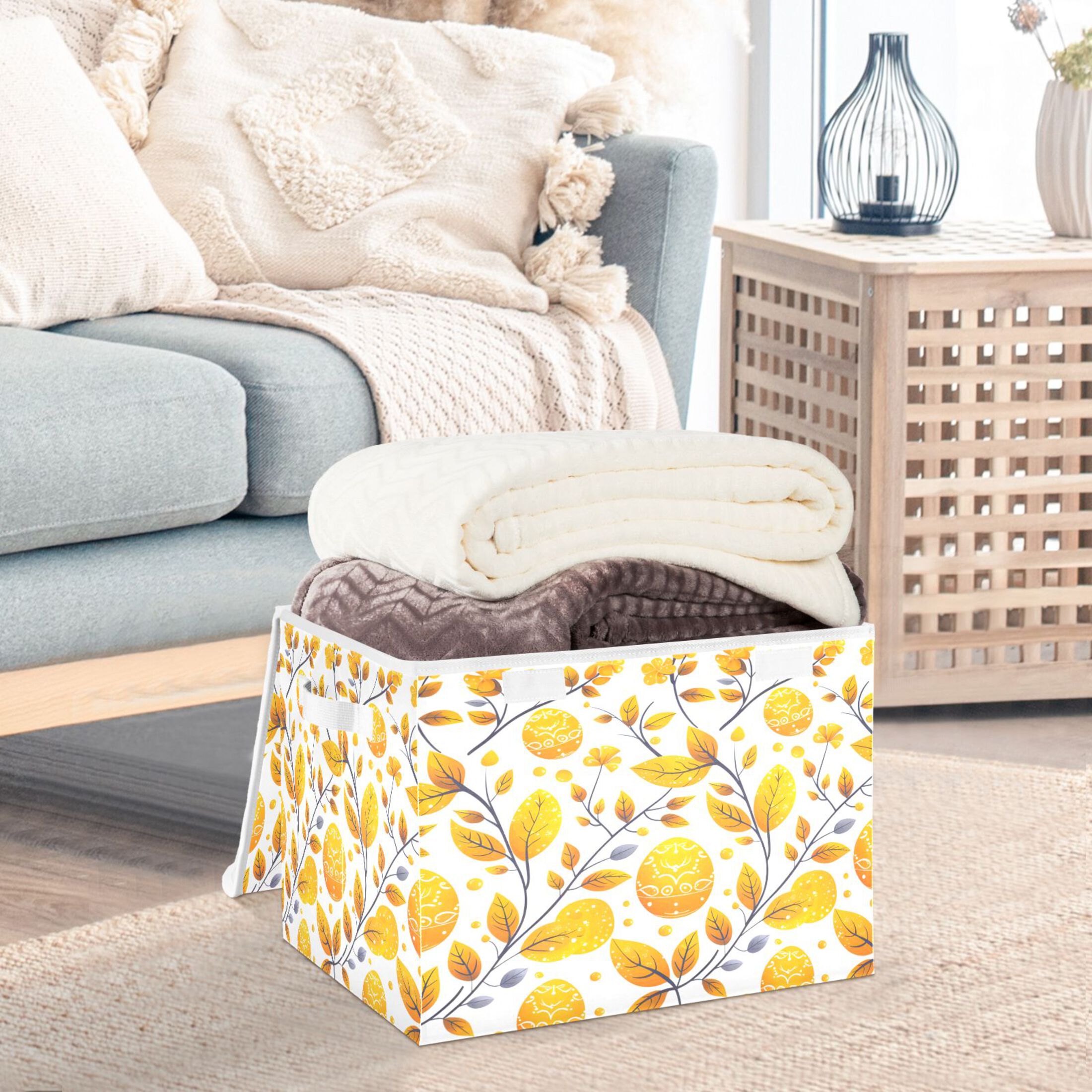 Ryvnso Easters Egg and Leaves Large Lidded Foldable Storage Baskets Cubes Boxes Lids Bin for Home