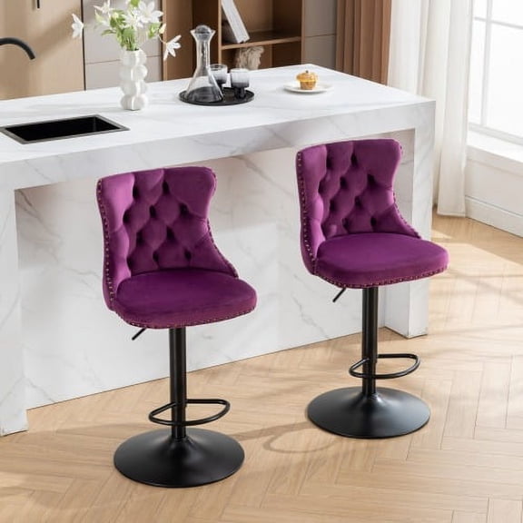 Knubmt 2 Pack Adjusatble Seat Height Velvet Bar Stools with Metal Frame, Swivel Bar Chair for Home and Kitchen Island, Purple