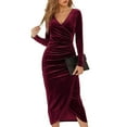 thumbnail image 2 of GENEMA Women Long Sleeve Sexy Wrap V Neck Ruched Velvet Split Party Bodycon Midi Dress, 2 of 16