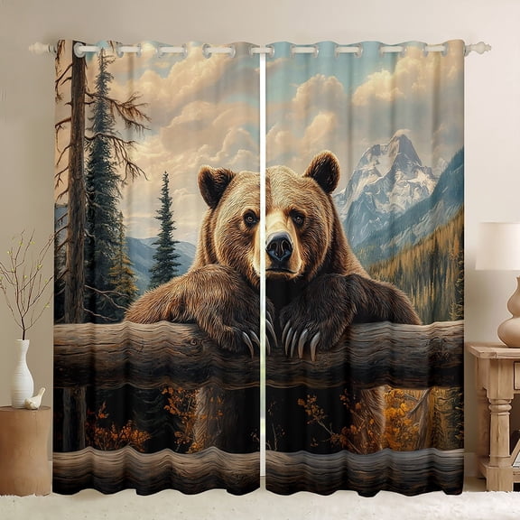 Feelyou Men Bear Print Black Out Curtains, Rustic Farmhouse Curtains Pack of 2 (42x63 Each), Jungle Animal Wildlife Bedroom Curtains, Blackout Curtains Home Decor