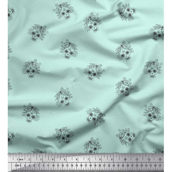 Soimoi Green Modal Satin Fabric Tribal Skull Print Fabric by Yard 42 Inch Wide