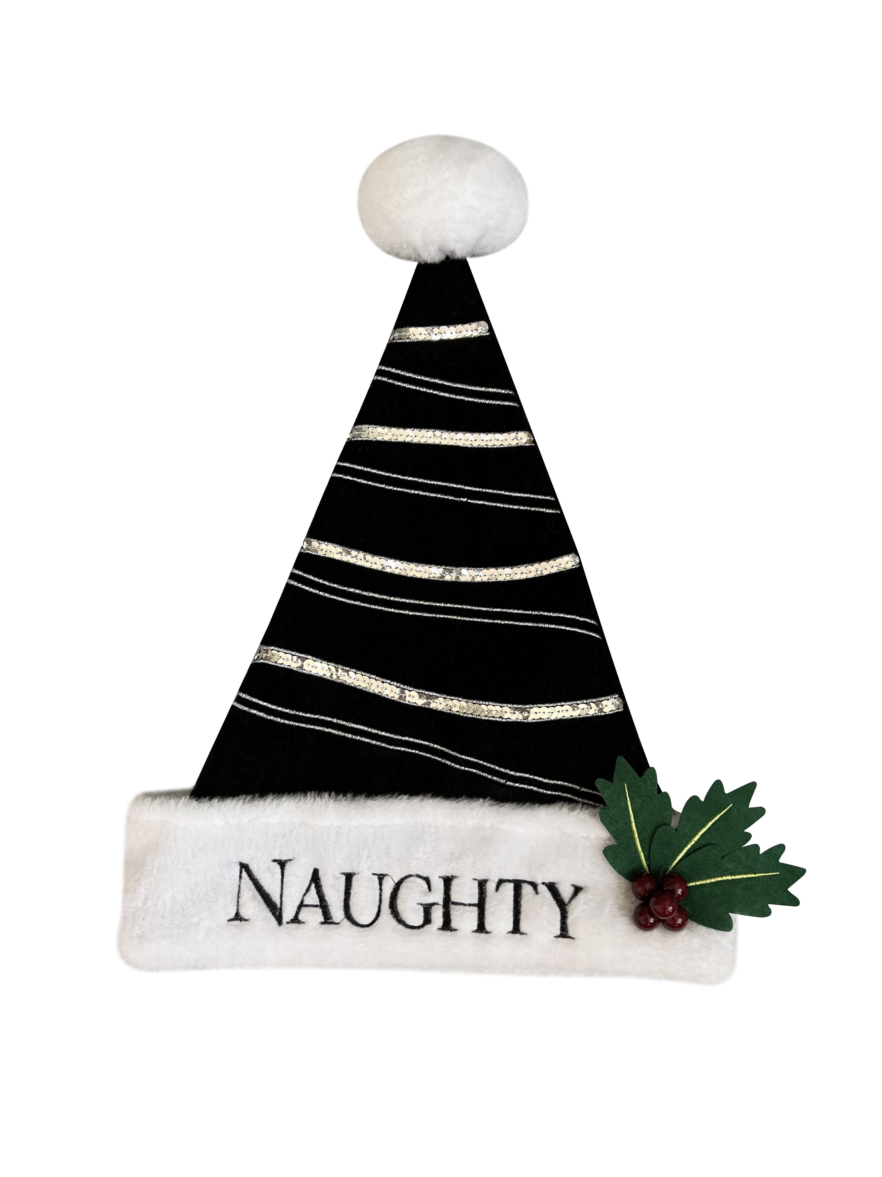 Holiday Time Deluxe Santa Hat with embroidery. Black color with the word "Naughty" embroidered on the cuff, Deluxe black Santa Hat with "Naughty"