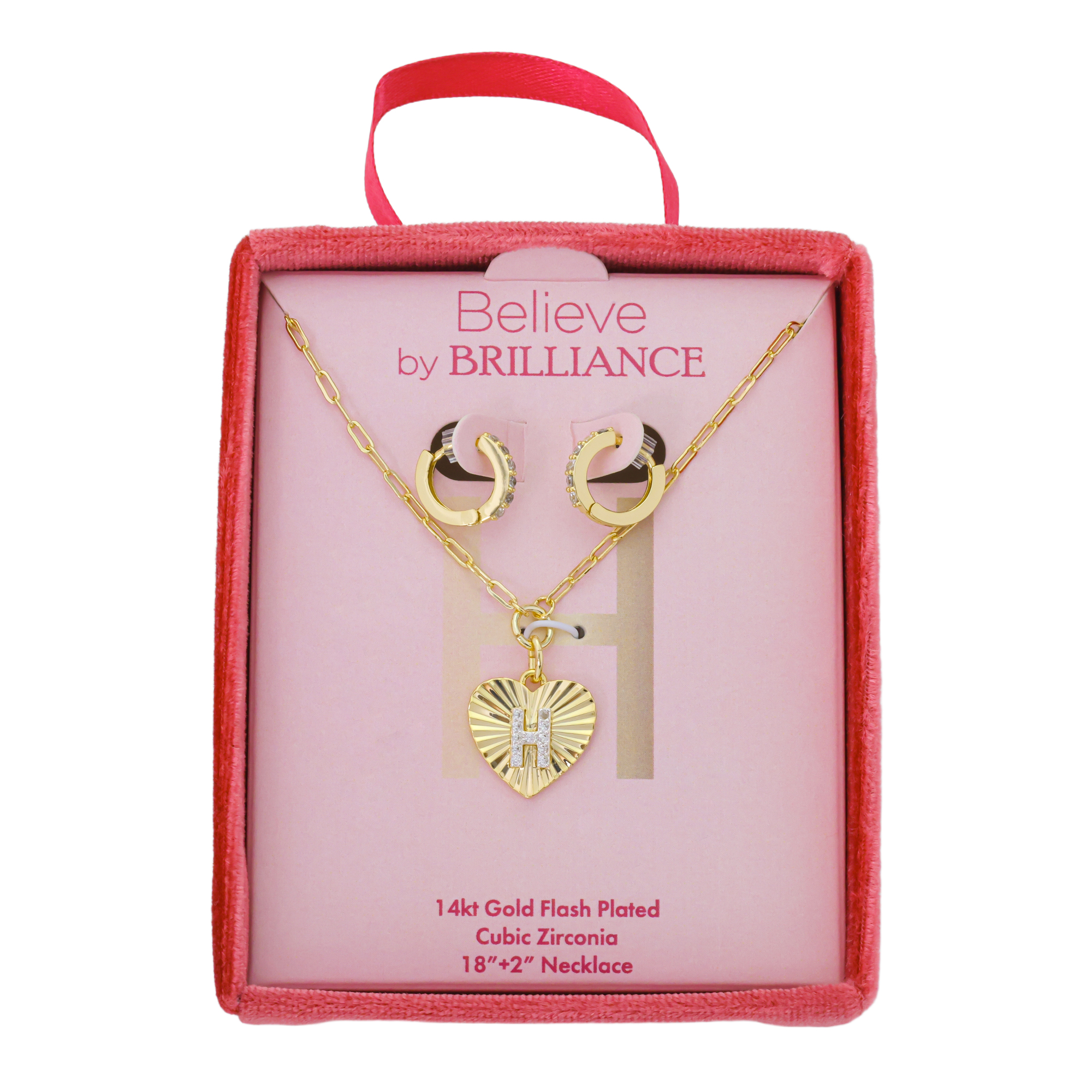 Believe by Brilliance Women's 14Kt Gold Flash Plated Cubic Zirconia Initial H Heart Pendant Necklace and Hoop Earring Set, 18+2"