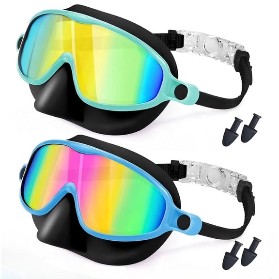 Swim Goggles with Nose Cover, 2 Pack Wide View Diving Mask Anti-Fog UV No Leak Toddlers Swimming Goggles for Kids 3-15