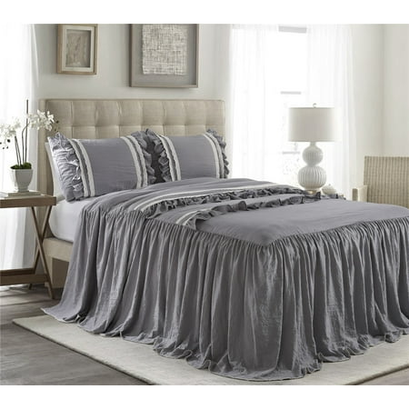 HIG 3 Piece Ruffle Skirt Bedspread Set King-Gray Color 30 inches Drop ...