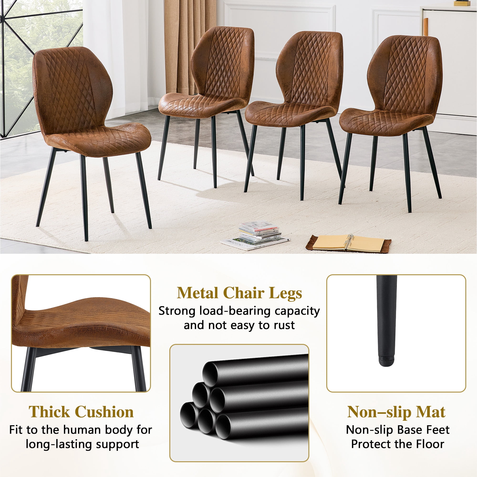 MOONMISS Dining Chairs Set of 4,Modern luxury Diamond-Quilted Technology Fabric chairs with black metal legs for Dining Room Living Room,Brown