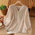 thumbnail image 2 of Women's Cotton Linen Embroidered V Neck Short Sleeve T Shirt Loose Summer, 2 of 5