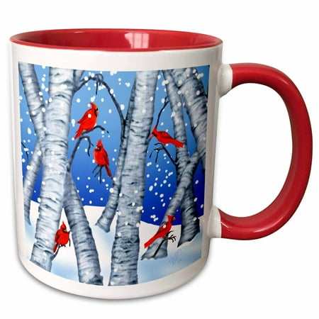 Cardinal Snow - 3dRose Digital Art Cardinal birds sitting in birch trees in Winter snow - Two Tone Red Mug, 11-ounce