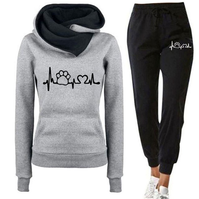 Gibobby Conjuntos de sudadera con bloques Sra. Qiu Dong con ritmo cardíaco estampado de mascotas traje deportivo de ocio sudaderas con capucha traje de pantal(Gris,XL)