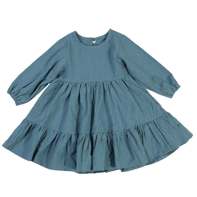 Vestido infantil de manga larga de algodón y lino Vestido infantil de color liso Vestido para niña