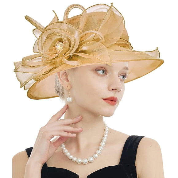 RZTA Sombrero de vestir de iglesia Kentucky Derby para mujer, ala ancha, flor de hoja, sombrero de despedida de soltera
