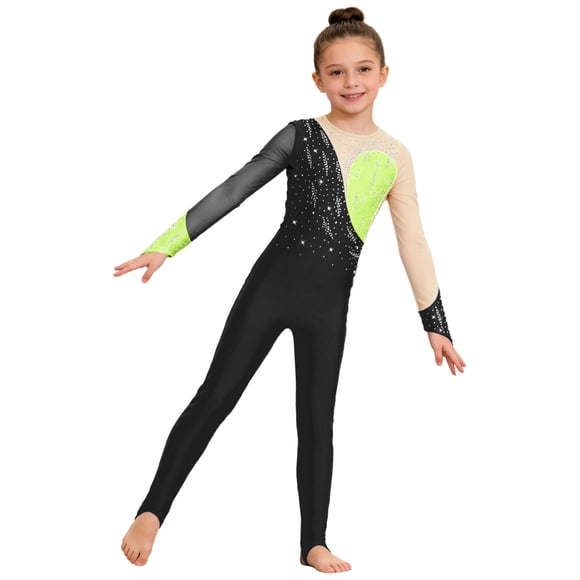 inlzdz Kids Girls Dance Unitard Long Sleeve Gymnastics One Piece Full Bodysuit Jumpsuit Figure Skating Catsuit Black 6