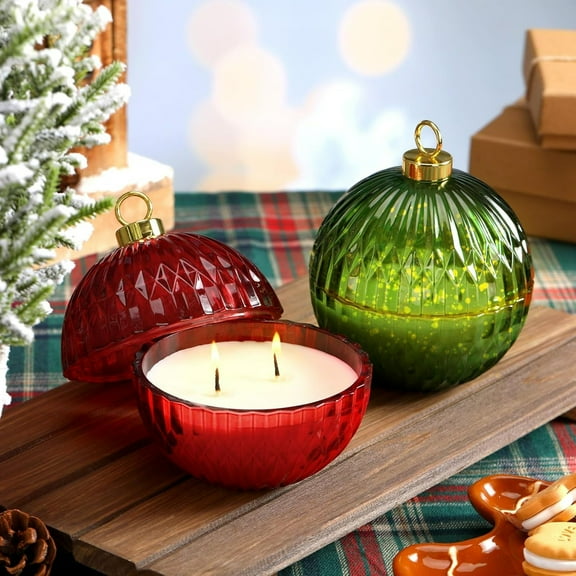 Red and Green Christmas Ball Candles - 2 Pcs Mercury Glass Craft Fir Cinnamon Candle Set, Round Table Decorations for Housewarming Gifts, Winter Holiday Use, Room Shelf, and Party Decor