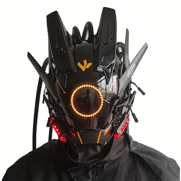 Isvgxsz Clearance LED Punk Mask for Men, Round Light with Braids Futuristic Techwear Helmet, Halloween Cosplay Fit Party Accessories
