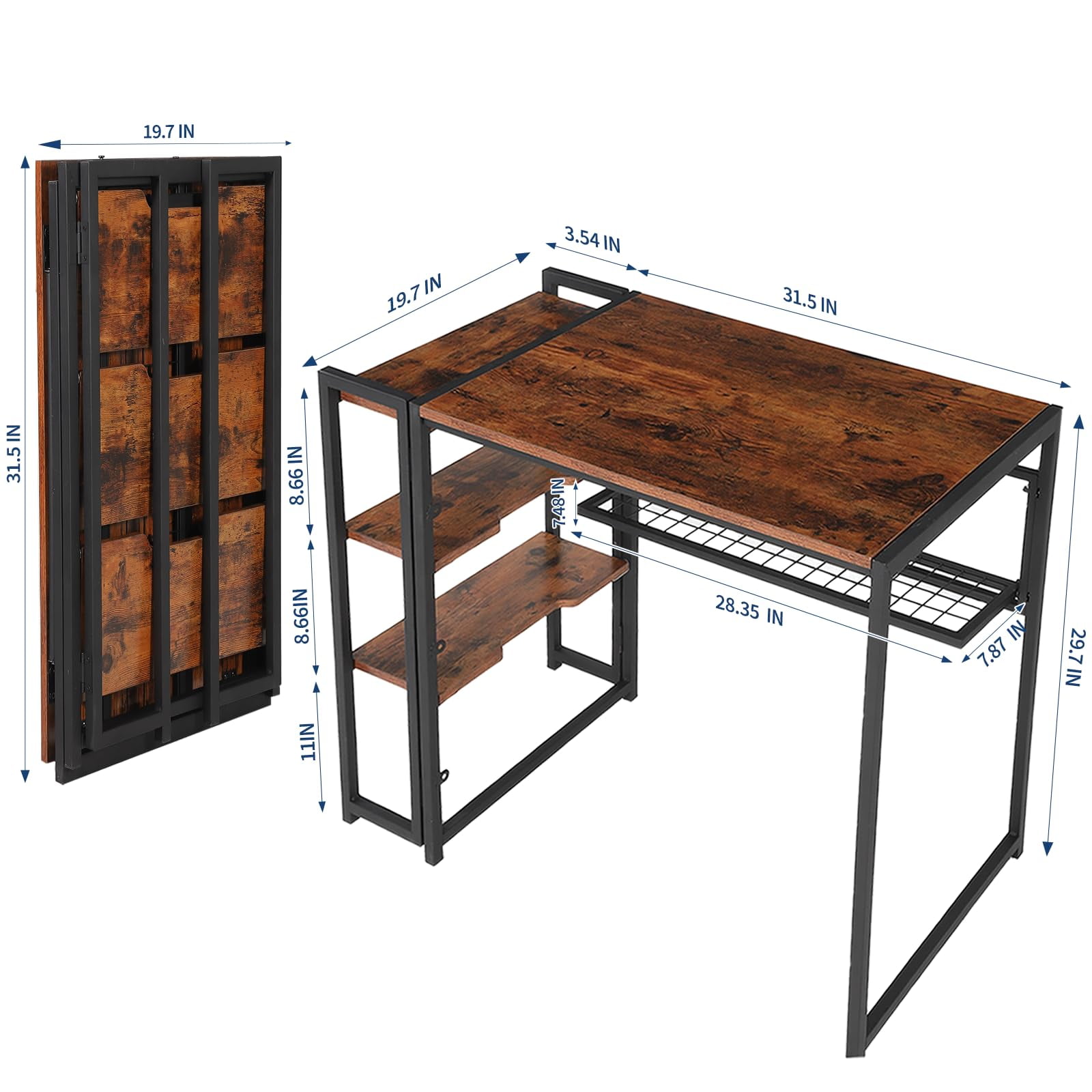 Towallmark 35 Inch Folding Computer Desk with Storage Shelf, Small Space Writing Desk No Assembly Required for Home Office, Bedroom, Dorm, Apartment, Brown