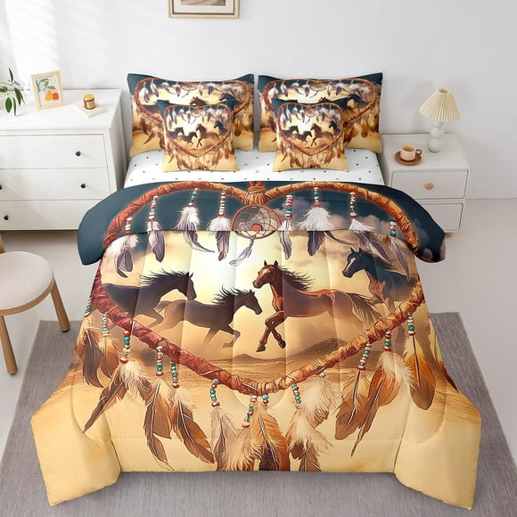 Dream Catchers Horse Reversible Bed in a Bag King Size Comforter Set 7 Pieces,Farmhouse Western Animals Comforters with Comforter,Sheets,Pillowcases & Shams,Exotic Feather Bedding Sets