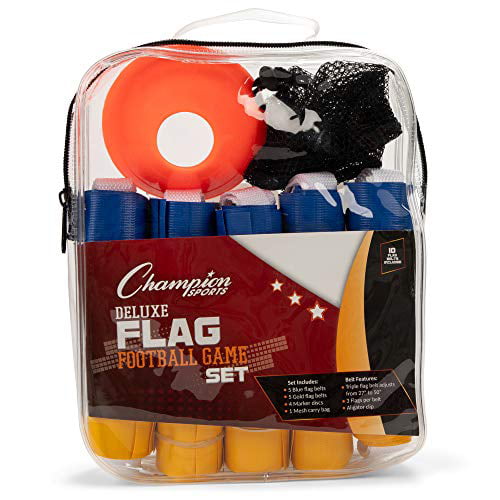 Deluxe Flag Football Game Set: Champion Sports Flag Football Equipment 5 Yellow Flag Football Belts Game Sets with 5 Blue Flag Football Belts 4 Orange Disc Cones and Mesh Carrying Bag 