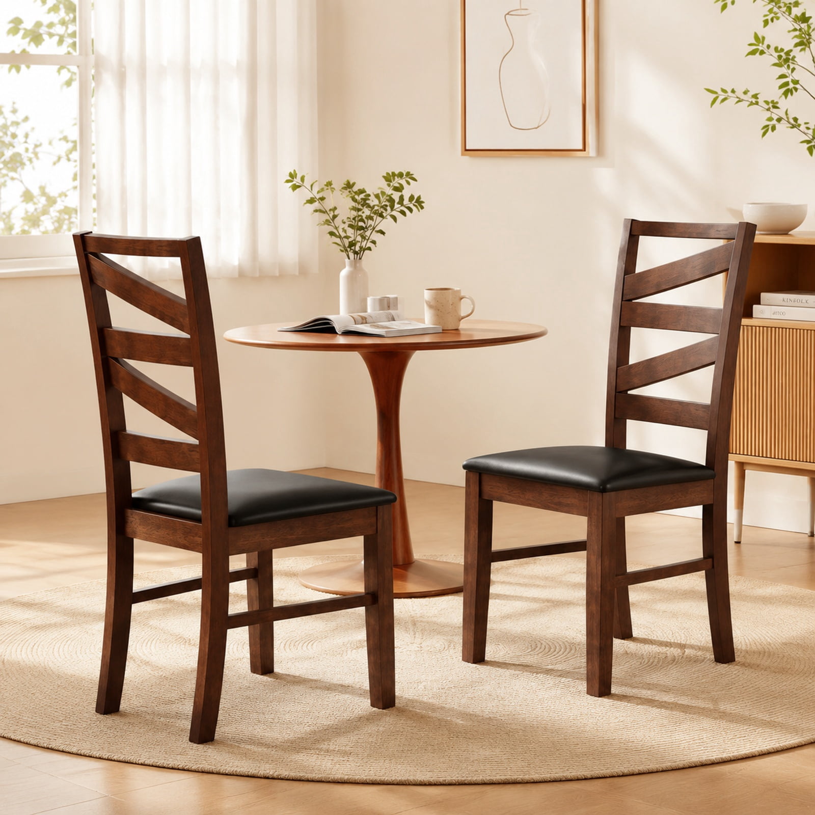 Furnibear Leather Dining Chairs Set of 2 Kitchen Side Chairs with Rubber Wood Legs and Ventilated W Shape Back for Dining Room, Walnut