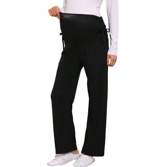 INSPIRE CHIC Womens Maternity Pants Ribbed Knit Palazzo Over the Belly Work Lounge Wide Leg Pregnancy Trousers S Black