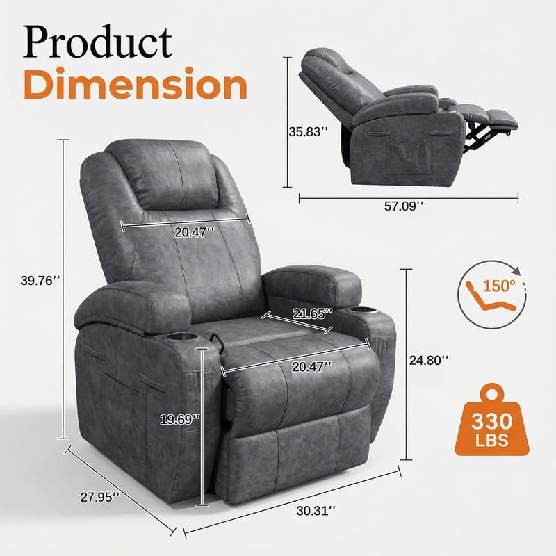 Homall 360° Swivel Rocking Recliner Massage Oversized Singal Sofa For Living Room Ergonomic High Backrest and Adjustable Recliner,PU Gray
