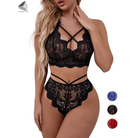 PULLIMORE Women Lingerie Lace Babydoll 2 Piece Sexy Bra and Panty Sets (2XL/3XL, Black)