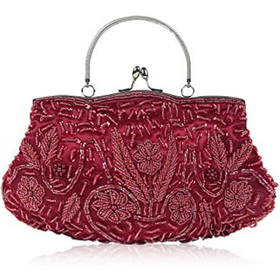 XmhyTop-A Beaded Sequin Design Flower Evening Purse Large Clutch Bag (red), Red, One Size