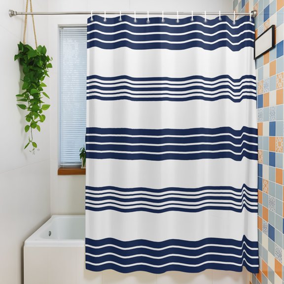 Shower Curtain,Navy Blue Stripes Watercolor Waterproof Fabric Bath Curtains with Hooks Modern Minimalist Lines Washable Bathroom Shower Curtains for Home Hotel Decor ,36x72 Inch