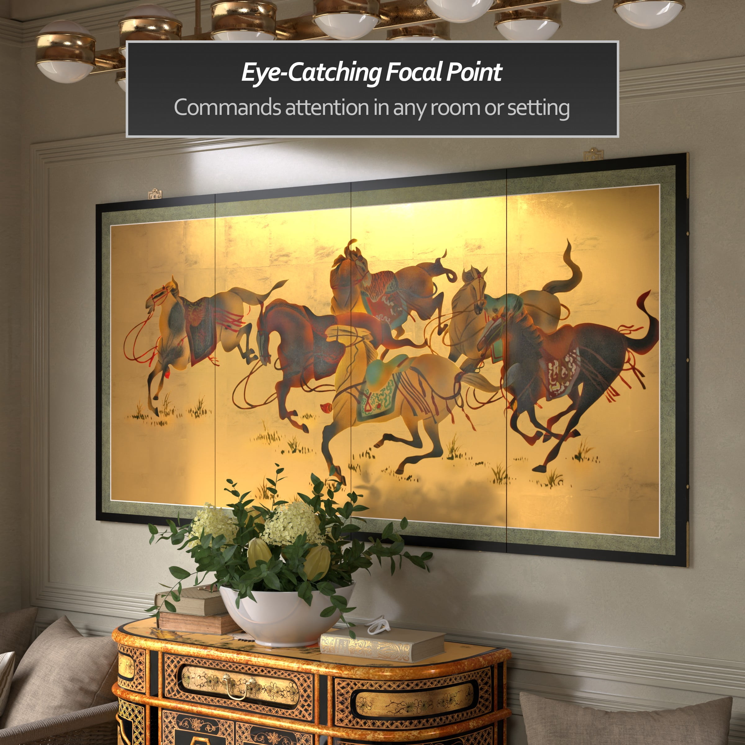 6ft. Long Handpainted Goldleaf Chinese Silk Wall Art Screen - 6 Saddled Horses
