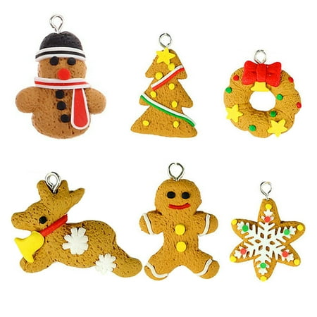 6pcs Handmade Cute Cartoon Gingerbread Men Snowflake Xmas Tree And Snowmen Polymer Clay Pendants Hangning Christmas Tree Decoration and