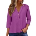 thumbnail image 2 of Purple T Shirts for Women Summer Tops for Women 2025 Trendy 3/4 Sleeve V Neck Eyelet Shirts Casual Holiday Vacation Blouses, 2 of 6