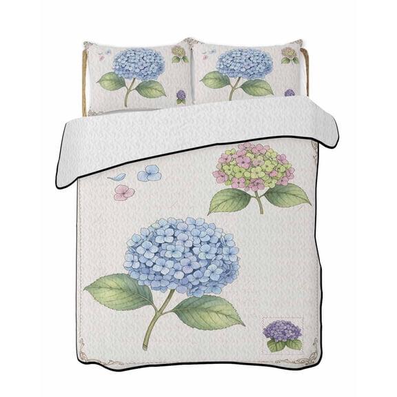 Quilt King Size Bedding Set, Blue Hydrangea Floral Reversible Summer Quilt 3 Pieces, Farmhouse Flowers Blossom Lightweight Bedspreads Coverlets with 2 Pillow Shams for All Seasons