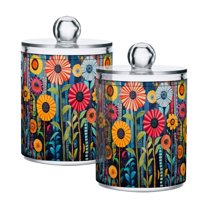 Yayeee 2 Pack Qtip Holder Bathroom Cotton Swab Canister with Lid Clear Dispenser Set, Orange Colorful Flowers
