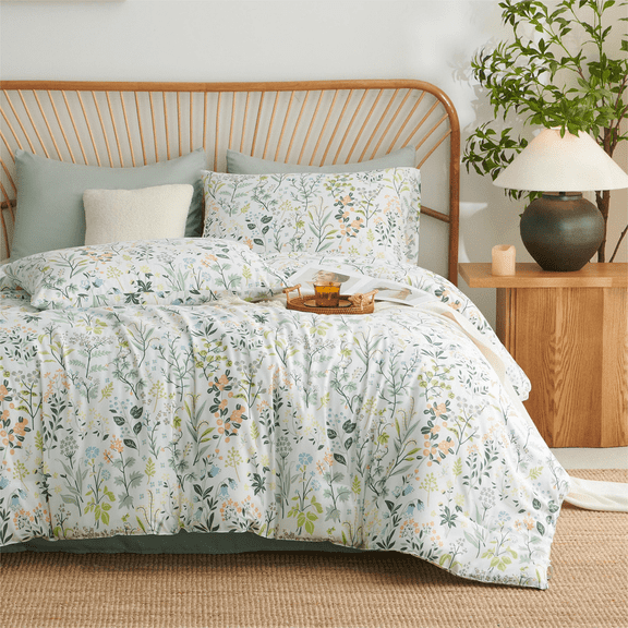 Boho Floral Green Botanical Queen Comforter Set with Colorful Flower Print Pattern Soft Comfortable and Lightweight Microfiber Bedding Set