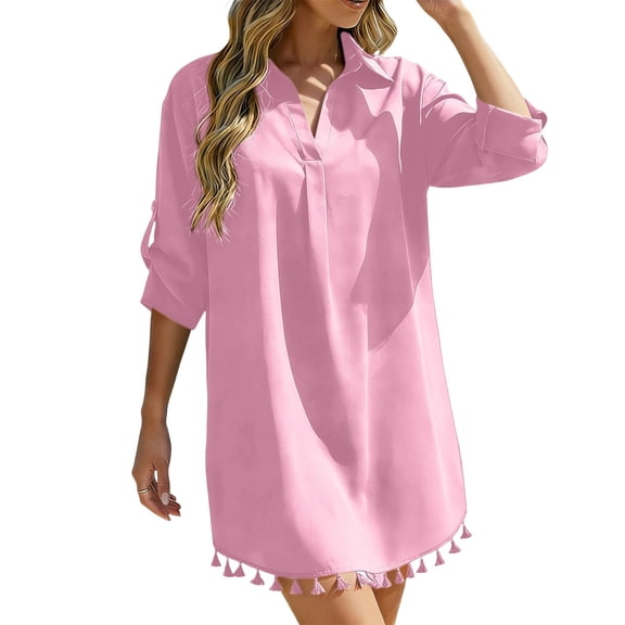 ZToonmas Women's Tassel Hem Beach Cover-up Shirt Dress Roll-up Sleeve Notch Collar Swimwear Cover Casual Bikini Tunic for Vacation