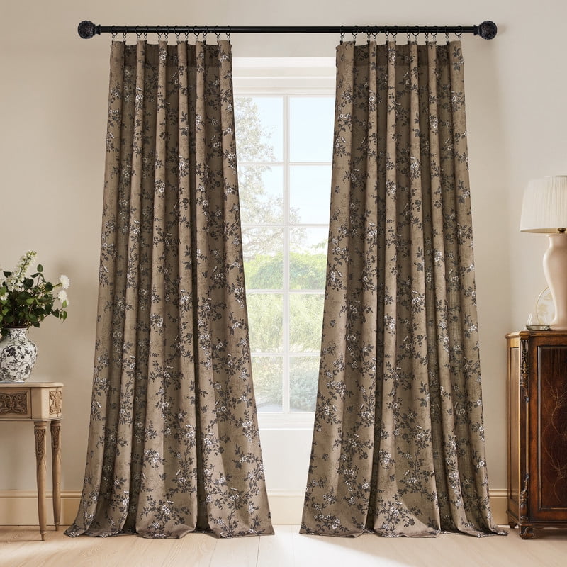 NICETOWN Linen Cotton Curtains for Living Room, Linen Blend Floral Printed Curtains Organic Privacy Drapes Back Tab Light Filtering Farmhouse Curtains, Khaki, 52"x84", 2 Panels