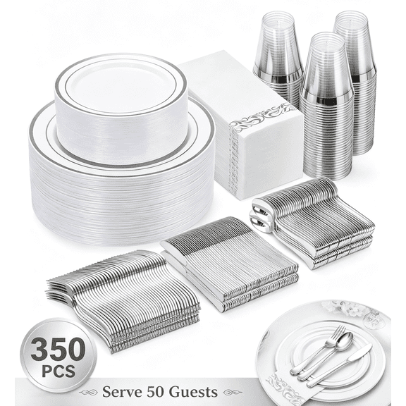 Goodluck Disposable Plastic Dinnerware Set 350 Pcs Serves 50 Guests, Heavy Duty Tableware Kit with Silver Rim Plates Cups Napkins Silverware for Wedding Birthday Party