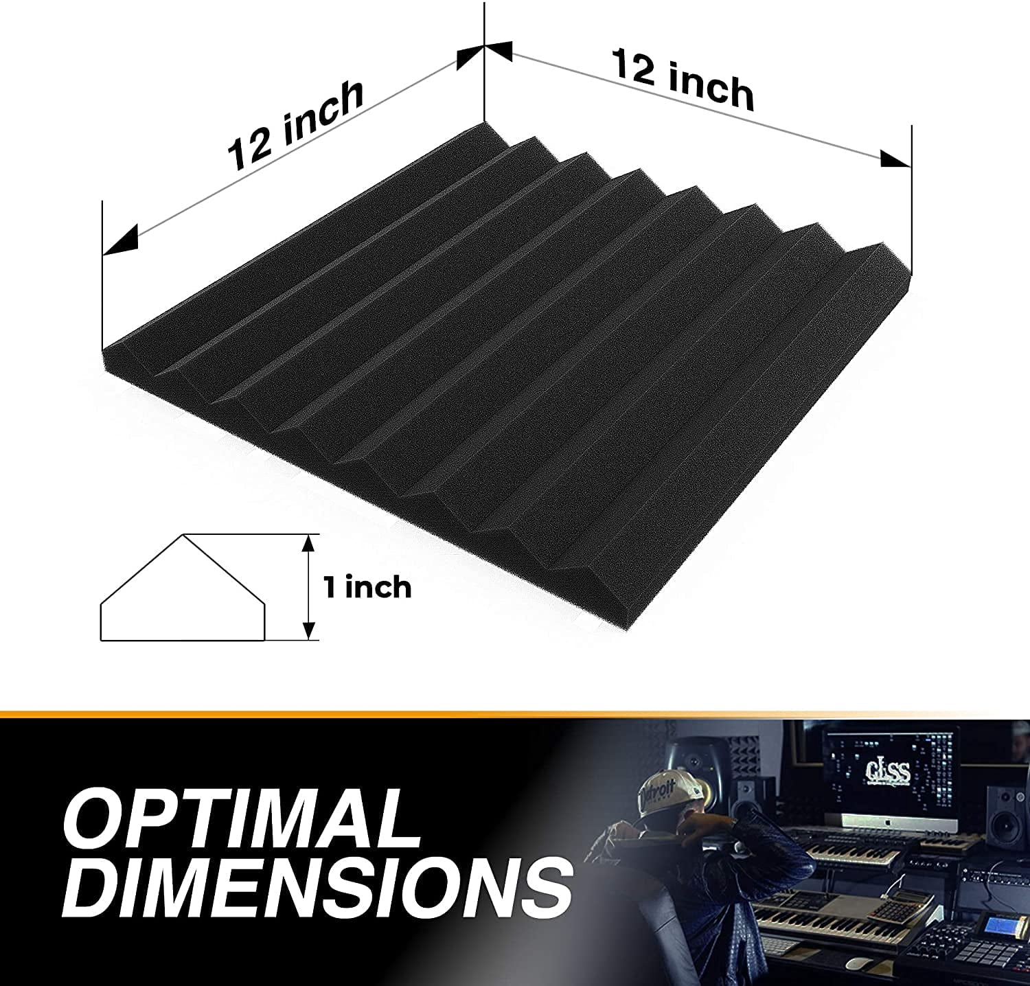 12 Pack Self-Adhesive Acoustic Panels 1 X 12 X 12 Inches - Acoustic Foam - Studio Foam Wedges - High Density Panels - Soundproof Wedges - Charcoal