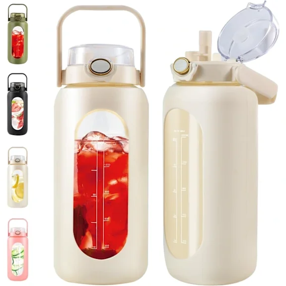 2 Liter Glass Water Bottle with Straw and Handle - 64oz Motivational Water Jug with Time Marker and Silicone Sleeve - YQ